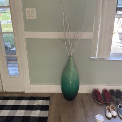 Floor Teal Pear Vase With White Wood Burch Beanch