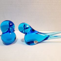 2 Vintage Swedish Blue Glass Bird Figurines 