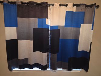 Blue Gray Black Color Block Grommet Curtain Panels