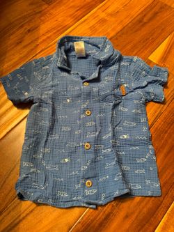 Toddler boy Lila and Jack blue fish button up shirt. Size 4t