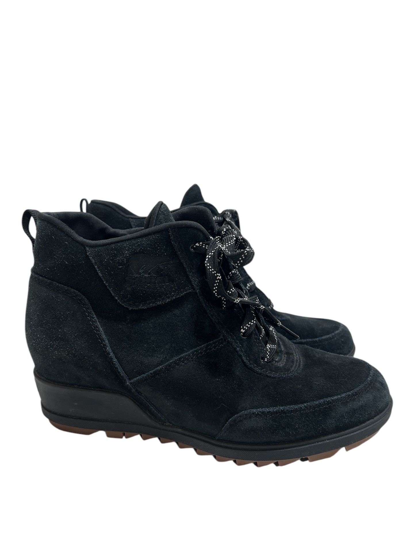 Sorel Evie Sport Lace Boot 8.5 Black Casual Suede Leather Wedge Rubber Sole Boho