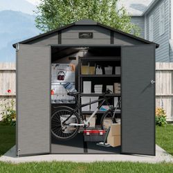 8x14 FT Plastic Outdoor Storage Shed - Lockable Resin Tool Shed with 2 Window & 3 Air vents, Dark Gray