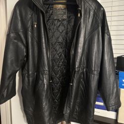 Women’s Express Black Leather Jacket With Hood Mid Thigh Length 