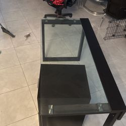 Desk (glass And Wood) With Small Portable File Cabinet 