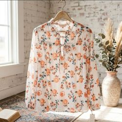 New SOLITAIRE Floral Boho Dobby Mesh Peasant Blouse XL