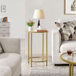 Round Accent Table with Glass Top and Metal Frame for Living Room, Bedroom, Office, Porch