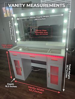 Large Vanity Desk with Hollywood Mirror and LED Lights