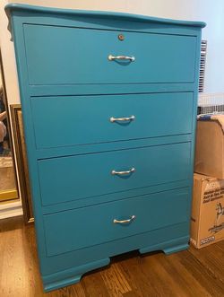 Solid Wood Dresser- Refinished In A Coastal Blue/Teal Color! 4 Large Drawers That Are Lined With A Marble Look Paper! Super Clean!