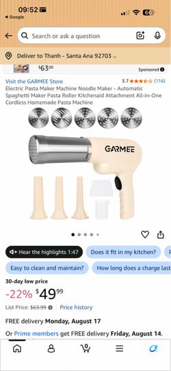 Electric Pasta Maker Machine Noodle Maker - Automatic Spaghetti Maker Pasta Roller Kitchenaid Attachment All-in-One Cordless Homemade Pasta Machine