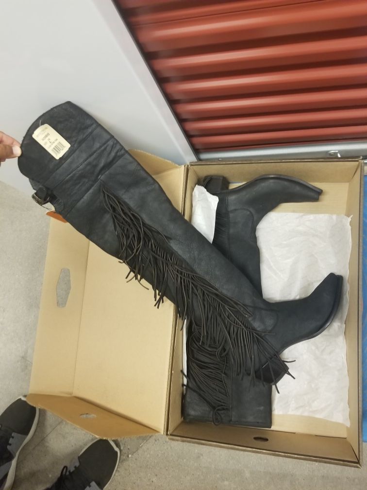 New black boots by Stetson, Fringe tassels,over the knee