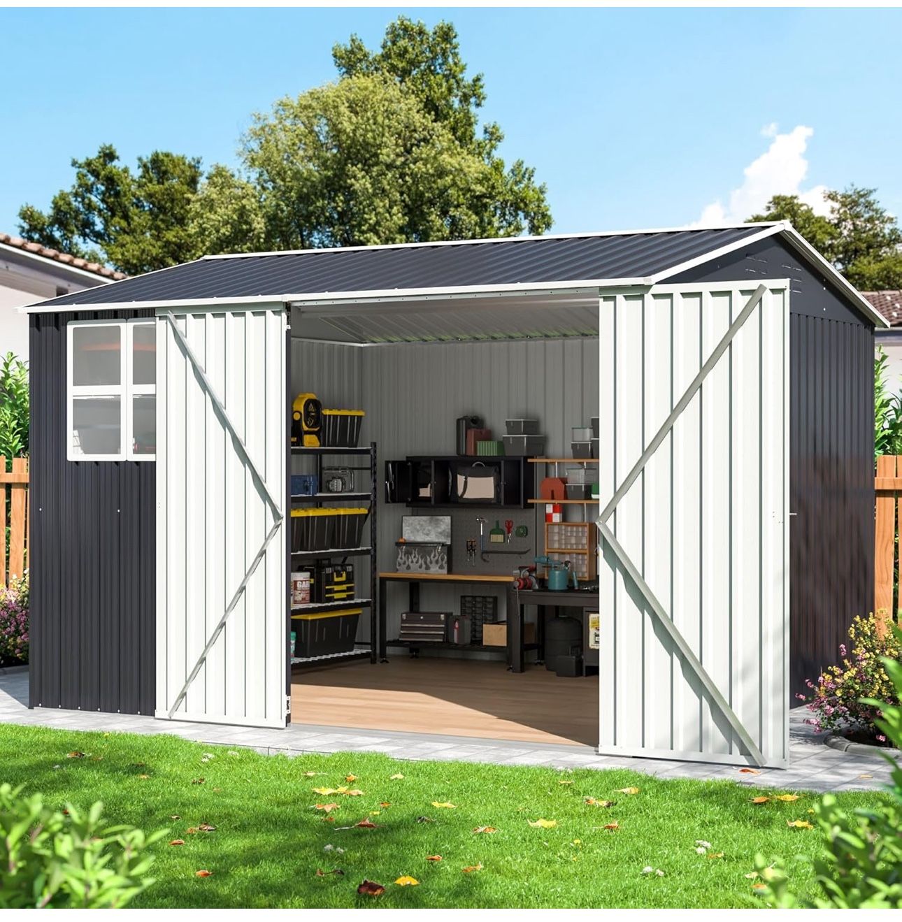 10x10 FT Outdoor Storage Shed, Metal Garden Tool Shed with Updated Frame Structure, Lockable Doors and Windows, Ideal for Backyard Garden Patio Lawn,