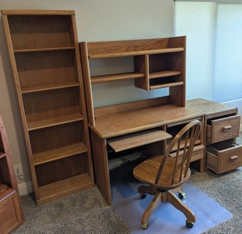 Solid Oak Desk Set, Chair,  Shelf Unit & File Cabinet