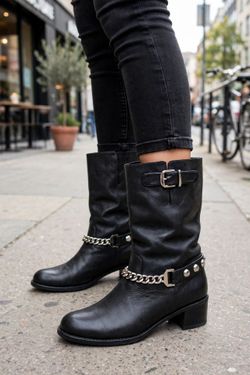 Size 8. Stuart Weitzman Black Leather Chain & Stud Biker Boots Mid Calf Low Heel