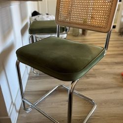 Set of 2 AllModern Counter Stools - Olive Green Velvet/Cane