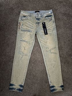 Tan/Blue Paint Splatter Purple Jeans (34)