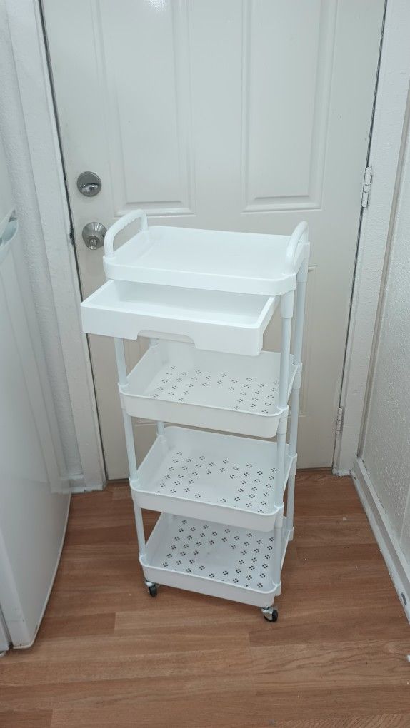 4 Tier White Plastic  Storage Utility Cart With Drawer  And Wheels