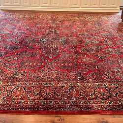 Antique Persian Sarouk Rug Ivory Red Blue Signed Hand Knotted 14 ft x 10 ft 10 in