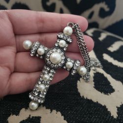 Cross Pendant With Faux Pearl Accent And Chain