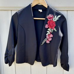 Black Floral Appliqué Open Front Blazer (read description)