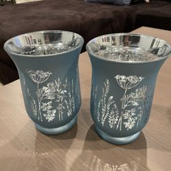 Blue & Silver Floral Glass Flameless Candle Holder w/ Flameless Candle, Set of 2
