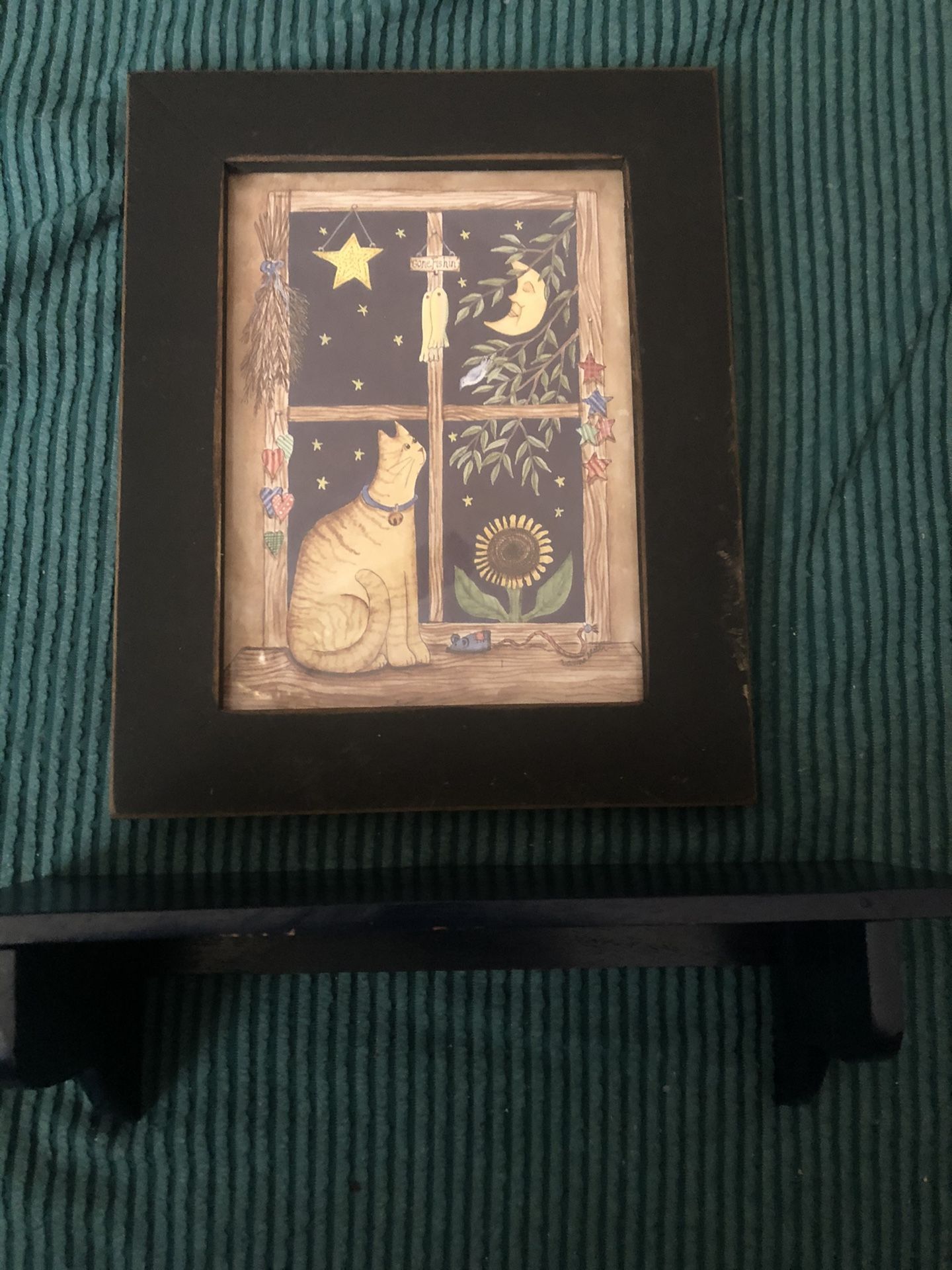 Cat staring at the moon pic framed in navy wood 8”w x 11”h with navy wooden shelf 4”d x 11”w 18.00 for both pcs