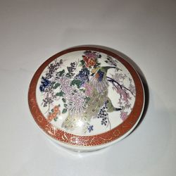 Vintage Satsuma Peacock Trinket Box: Floral Porcelain Jewelry Keepsake