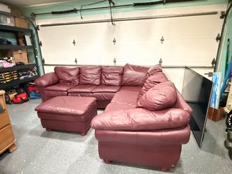 Leather Burgundy L-Shape Sectional and Ottoman