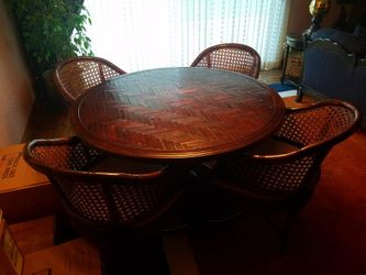 Custom Oak Parquet 48" Round Table w/ Cane Back Barrel Chairs / Vtg Vintage