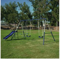 Sportspower Arcadia Metal Swing Set with Trapeze, 2 Person Glider Swing, and 5' Double Wall Slide