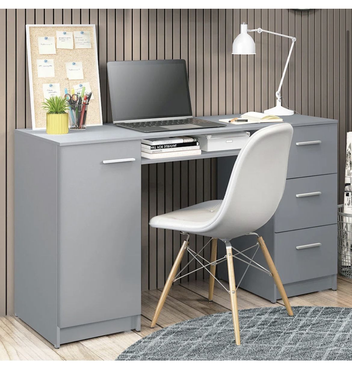 Modern Gray Office Desk with Storage – 3 Drawers + Cabinet