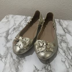Tory Burch Blossom Floral Spark Gold Leather/logo Ballet Flat Shoes Size 7.5