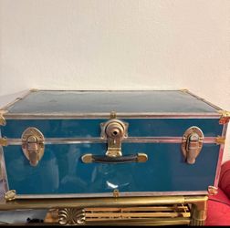 Vintage Blue Chest Trunk / Storage Steamer Chest | Brass Hardware, Metal Trim, Decorative Footlocker