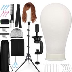 New 22'' Canvas Mannequin Head with 61'' Adjustable Wig Stand Tripod, Wig Holder Stand with Head, Caps, Elastic Bands, T Pins Tool Kit for Wigs Stylin