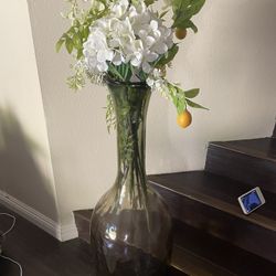 Tall  Glass Vase With Fake Flowers
