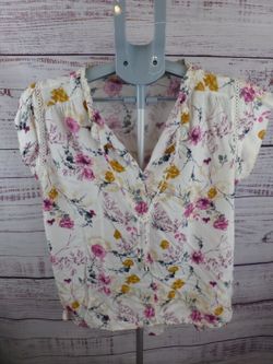 Buffalo David Bitton Women's S Floral Ruffle V-Neck Blouse White Pink - G3A