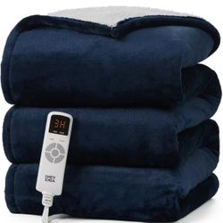 Heating Blanket with 5 Heating Levels & 4 Hours Auto Off, Soft Cozy Sherpa Washable Blanket with Fast Heating, 50 x 60 Inches, Navy Blue