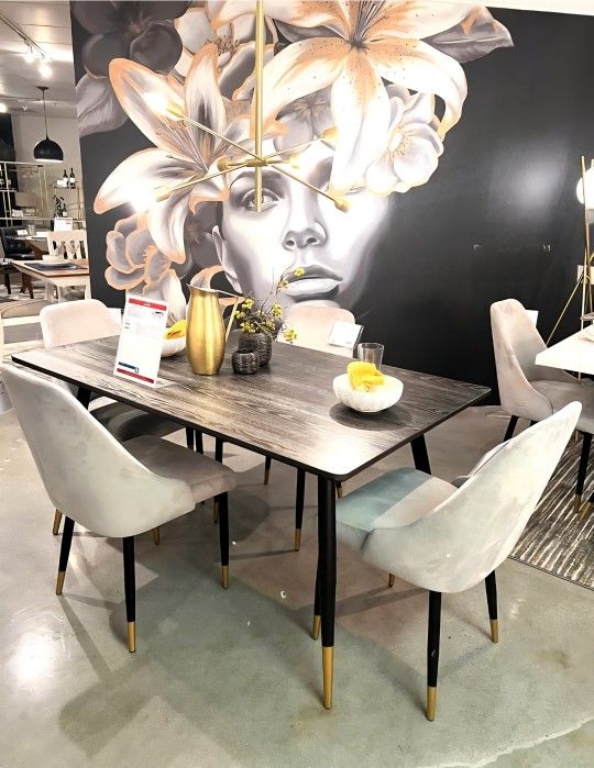 Dining Table Set With 4 Velvet Chairs Gold Accent