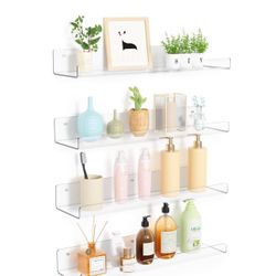 upsimples 4 Pack Acrylic Shelves for Wall Storage, 15" Floating Bookshelves for Kids, Display Shelf Organizer for Bathroom, Bedroom, Living Room, Kitc