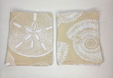 Mud Pie Coastal Dish Hand Towels Set Tan White Sand Dollar Seashell 100% Cotton