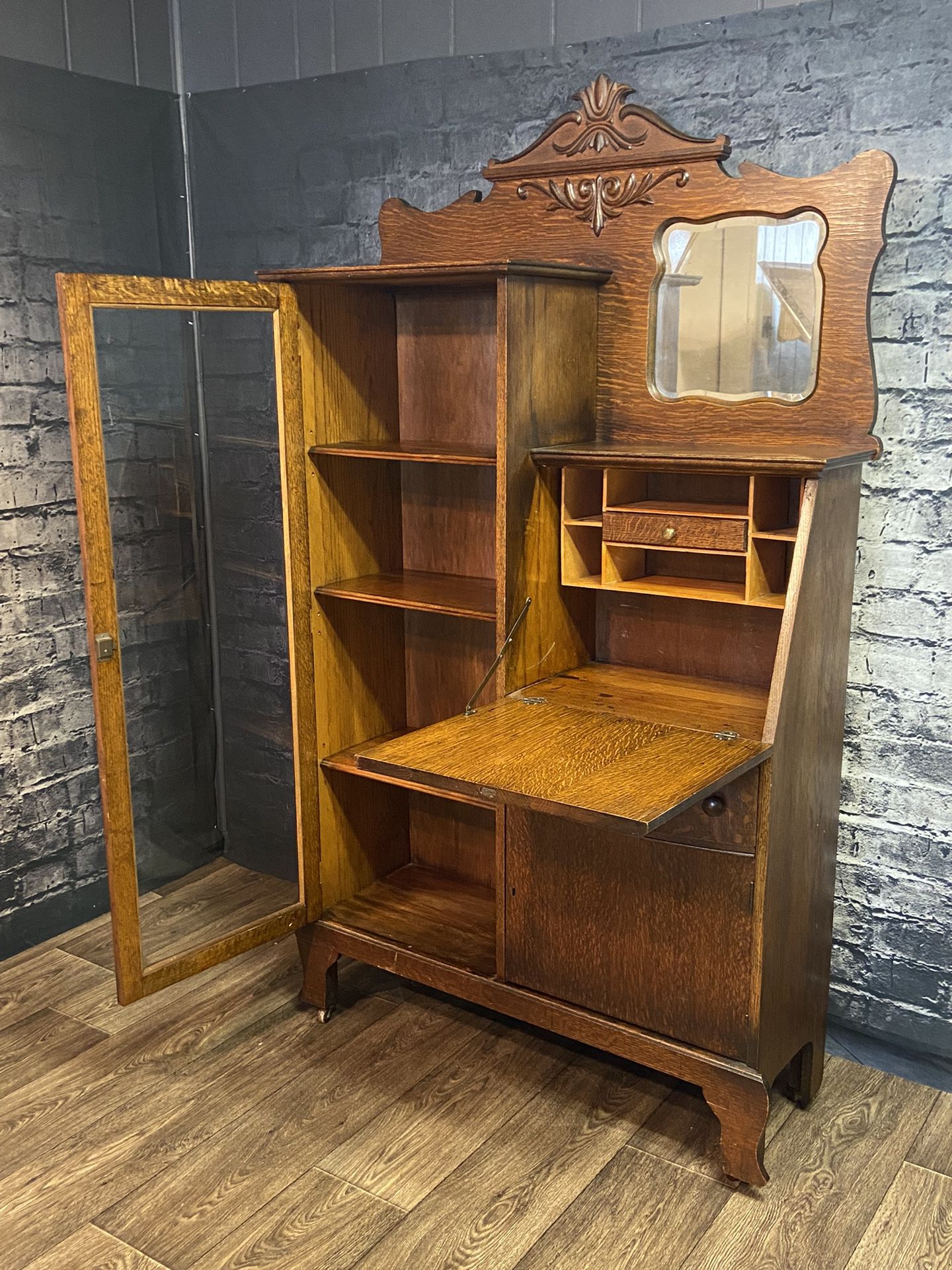 Antique Tiger Oak Secretary Desk with Book Shelves