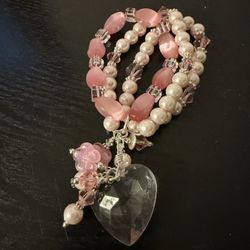 Handmade Three Strand Pink Beaded and Pearl Bracelet with Charms