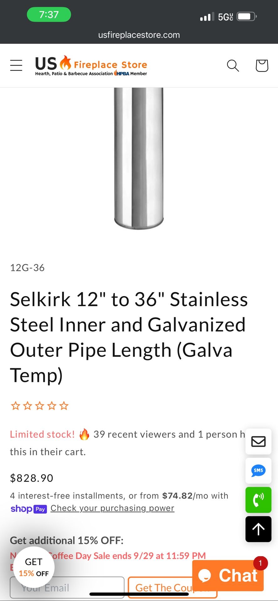 Chimney Selkirk 12" to 36" Stainless Steel Inner and Galvanized Outer Pipe Length (Galva Temp).