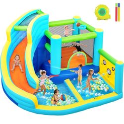 Inflatable Bounce House Water Slide, Bouncer Castle Water Park with Climbing Wall, Jumping and Splash Pool, Indoor Outdoor Bouncy House with Blower