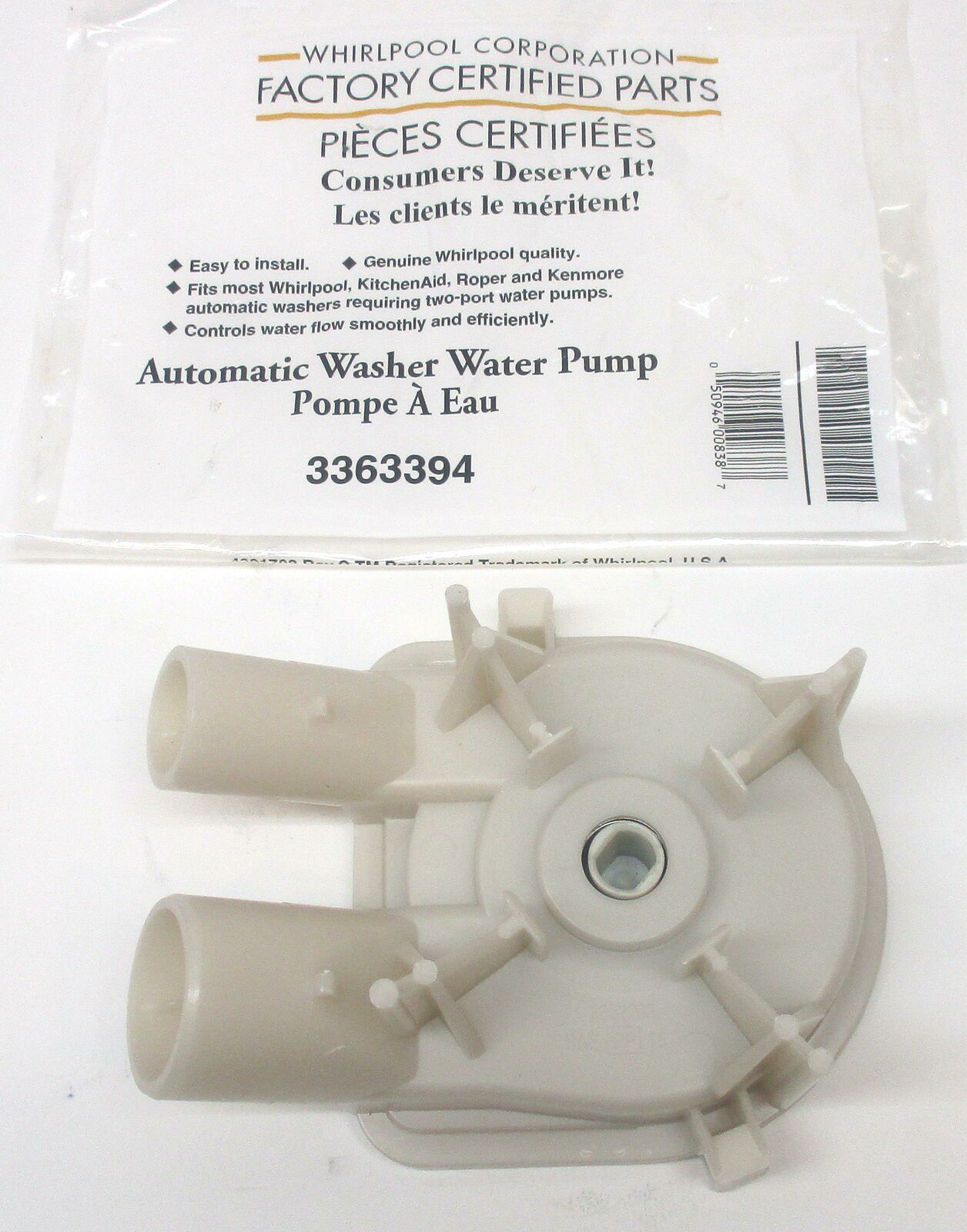 Water Pump For Whirlpool/Kenmore Washer, Part # 3363394