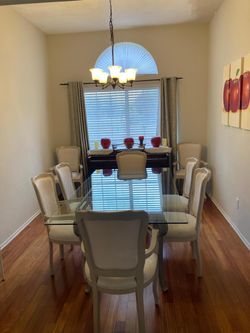 Large glass‑top dining table metal & resin base 78” × 42”