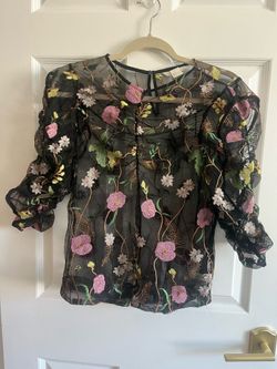 H&M Sheer Black Mesh Floral Embroidered Ruched Top Size 6