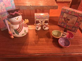 Sango by Sue Zipkin Snowman Large Cookie Jar, Salt & Pepper Shakers & Candy Dish