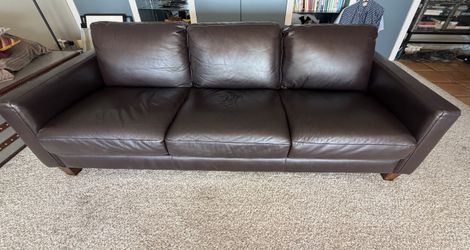3-Seat Espresso Leather Sofa - Track Arms, Tapered Wood Feet