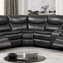 Brand New Grey Leather Reclining Sectional Sofa 