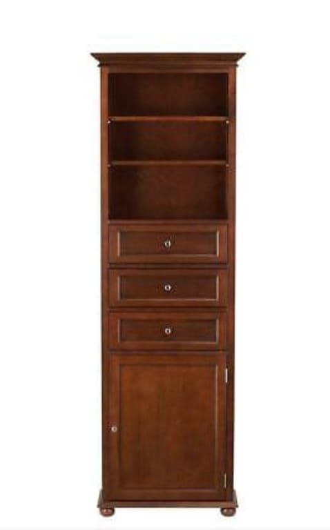 Bathroom Linen Storage Cabinet Brown Wood 2 Open Shelves Organizer 3 Drawers. 69.4 in.L X 22.6 in. W X 7.4 in. H